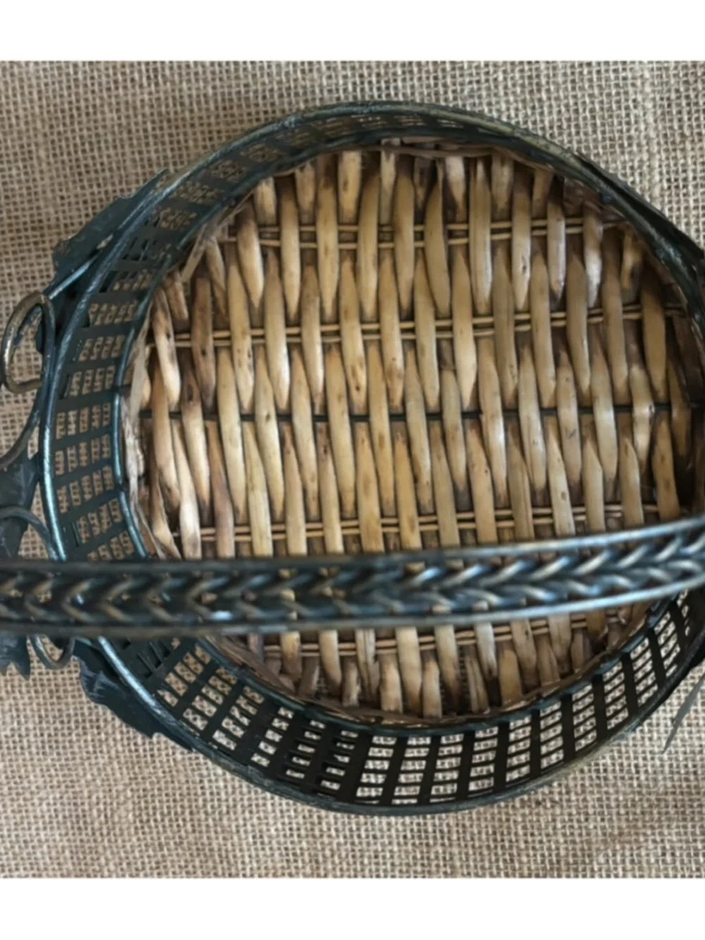 Distressed Leaf Open Weave Metal Basket with Wicker Base Rustic Farmhouse Tuscan